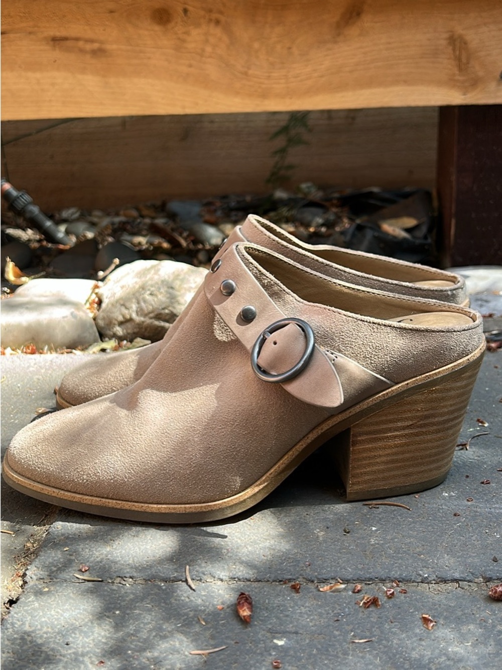Sofft Tan Suede Buckle Mule Heels